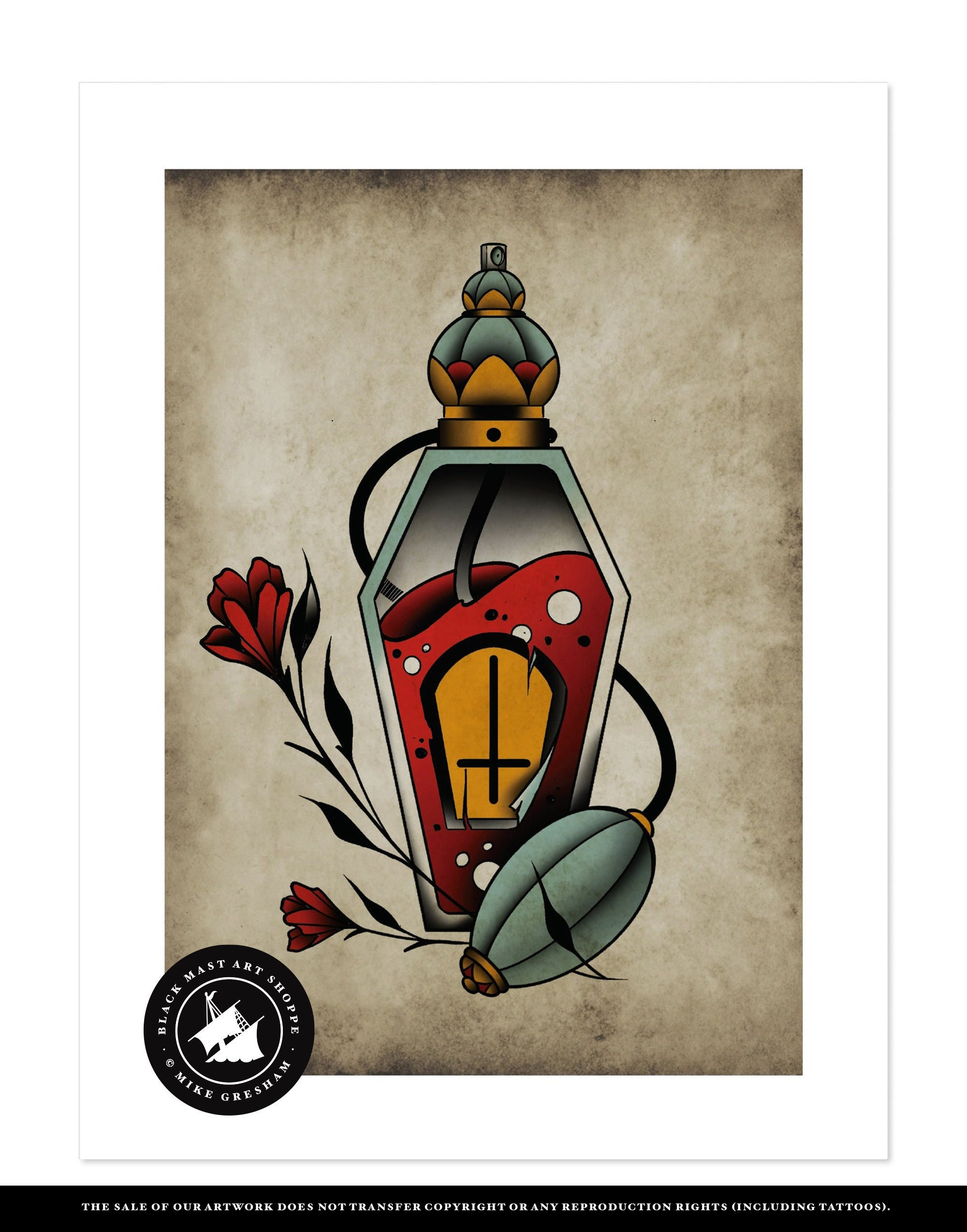 El olor de la muerte, perfume, ataúd, tatuaje neotradicional, vieja  escuela, impresión artística de 12 x 16, image size:2000x2549