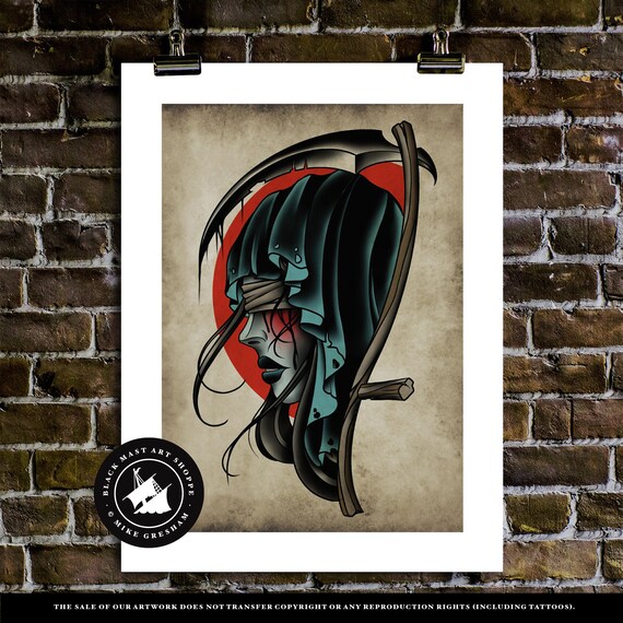 死は彼女になる、女性の死神、新伝統タトゥーフラッシュ、オールド