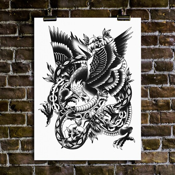 Schlacht Royale Adler Drache Schlange Traditionelle Tattoo Etsy