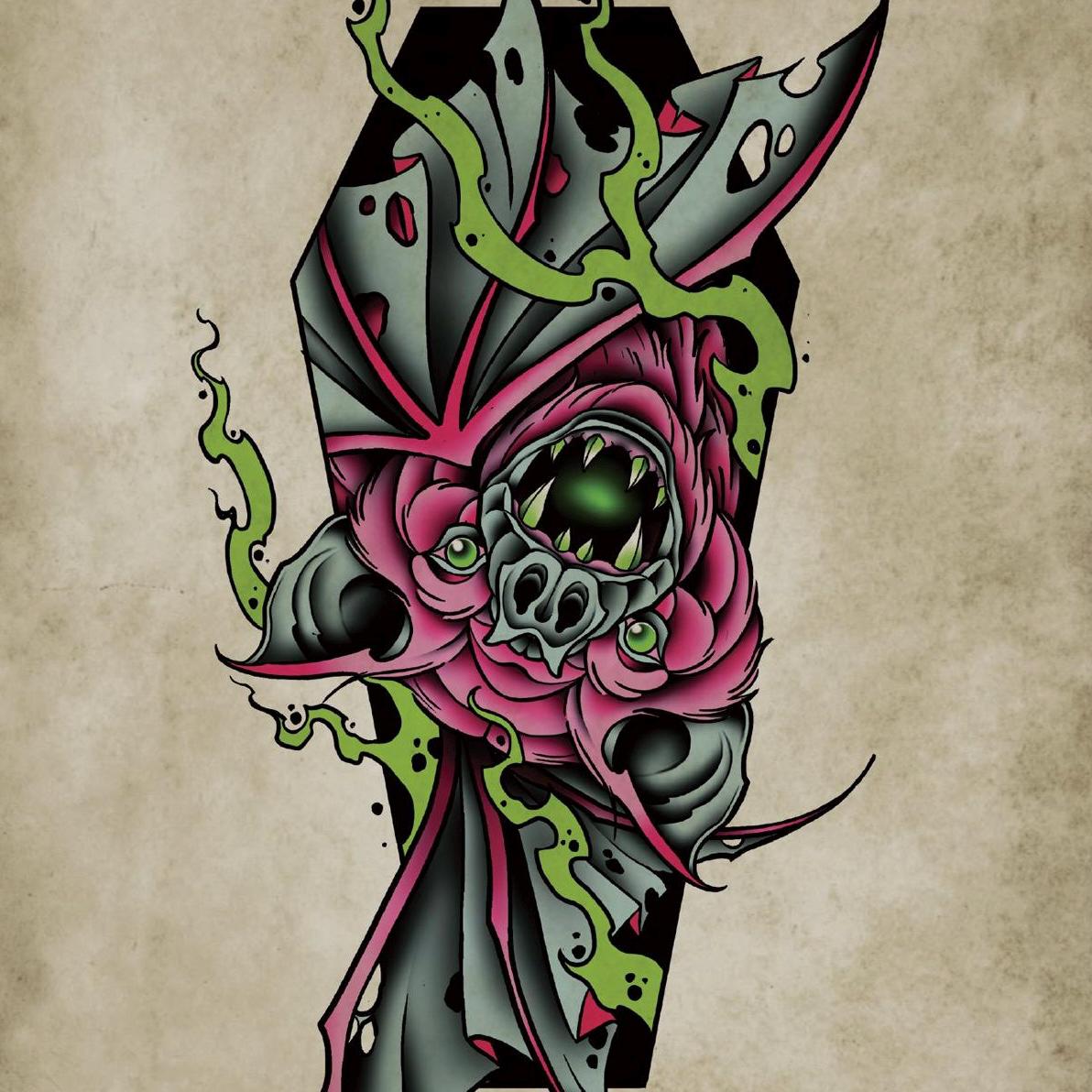 Toxibat, Coffin, Neo-traditional Tattoo Flash, Old School, Art