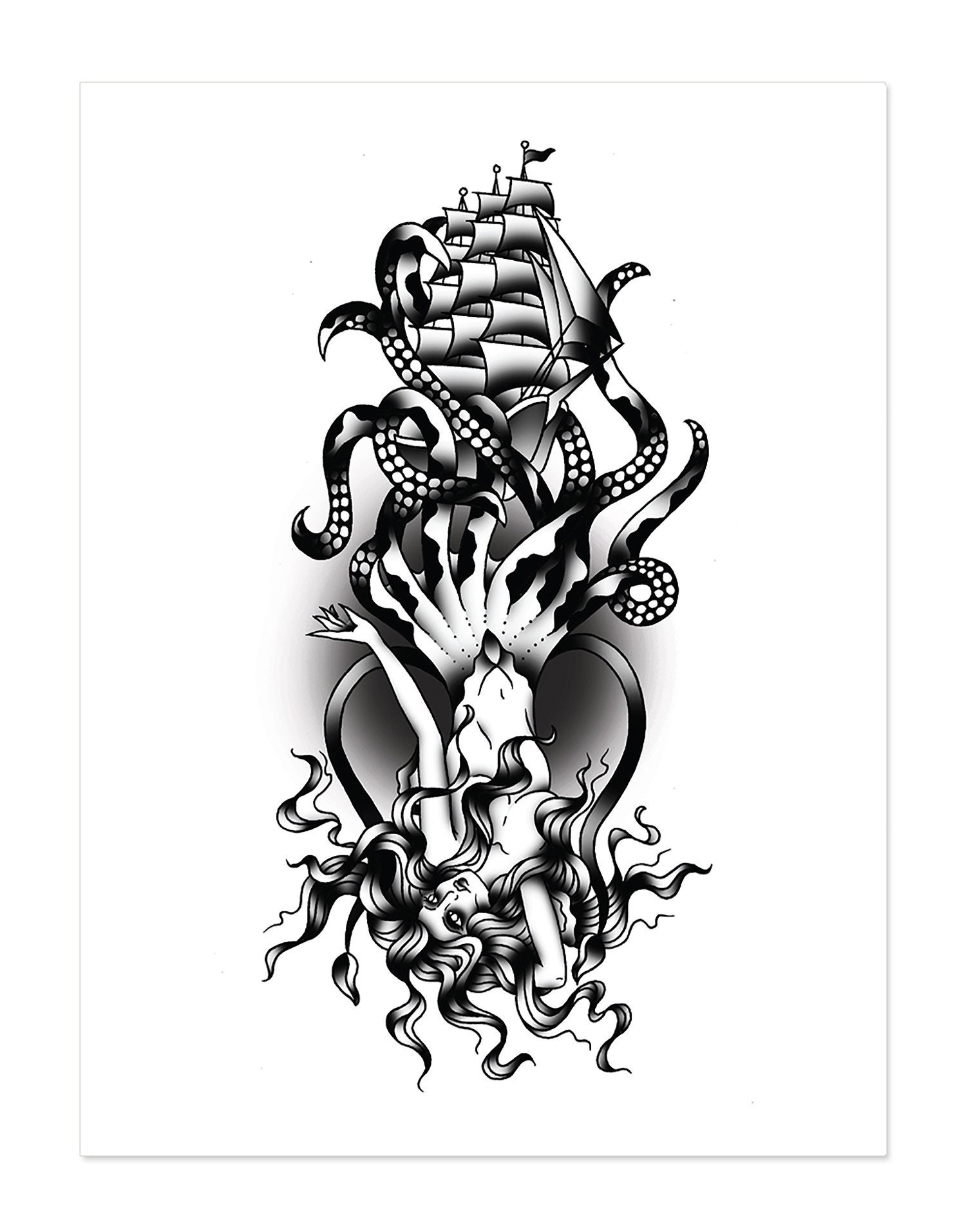 Nautical Set Kraken Lady Mermaid Ship Traditional Tattoo - Etsy