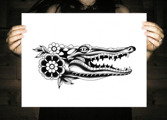Krokodil Krokodil Alligator Traditionelle Tattoo Flash Etsy