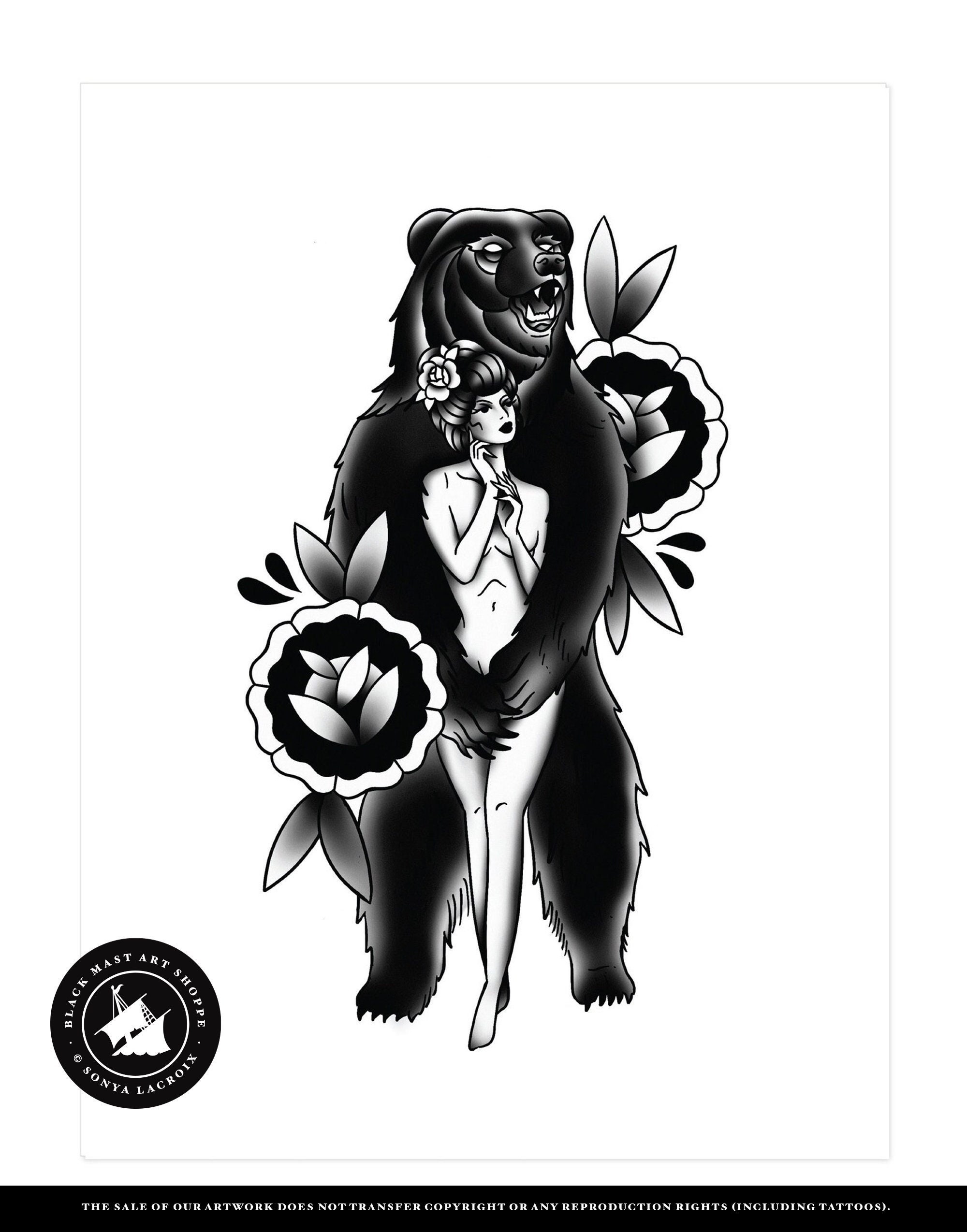 Bear Hug Pin Up Traditional Tattoo Flash Black and White - Etsy Israel Bear Hug Pin Up Traditional Tattoo Flash Black and White - Etsy Israel