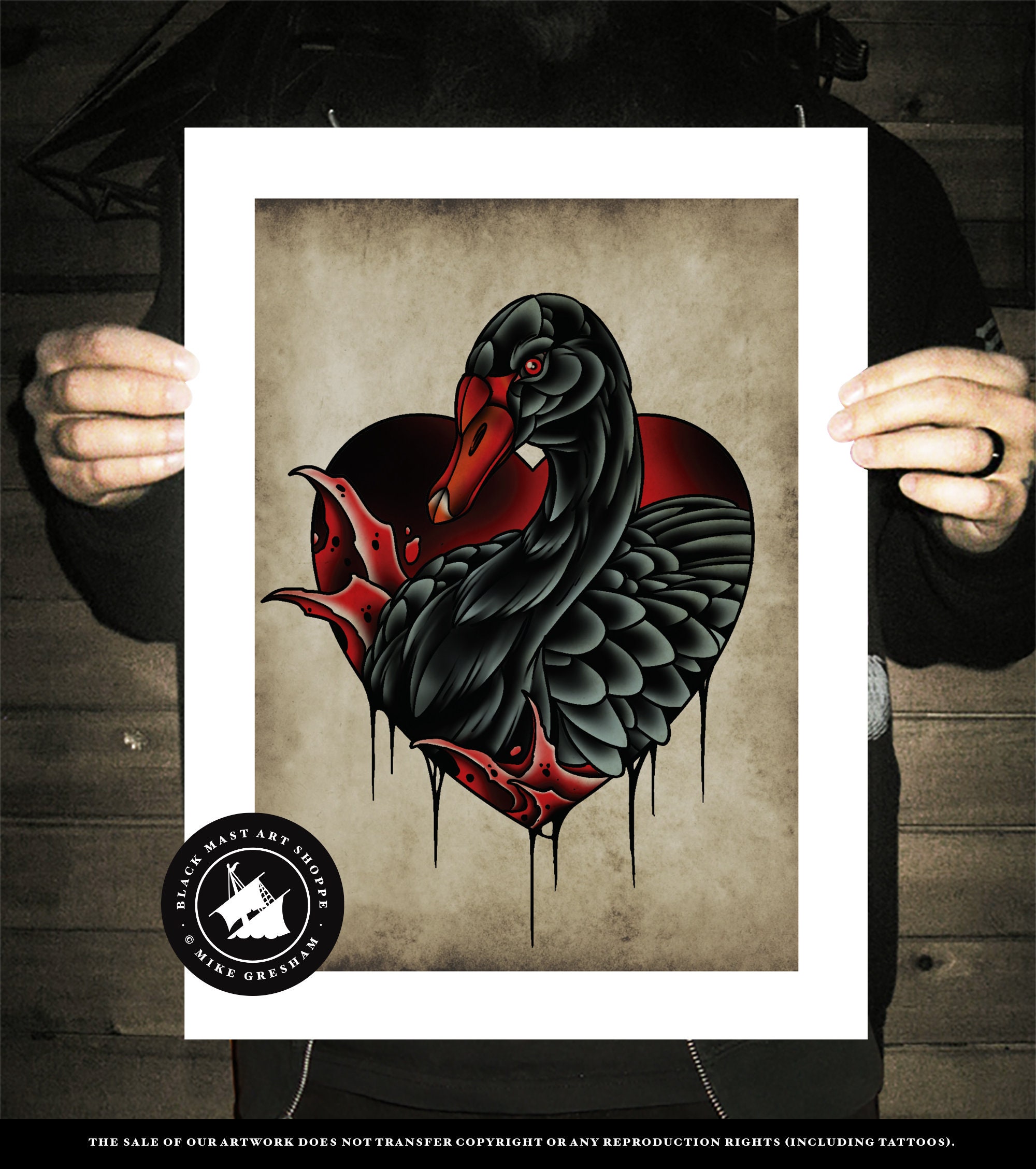 ブラック スワン、ハート、ネオ トラディショナル タトゥー、オールド