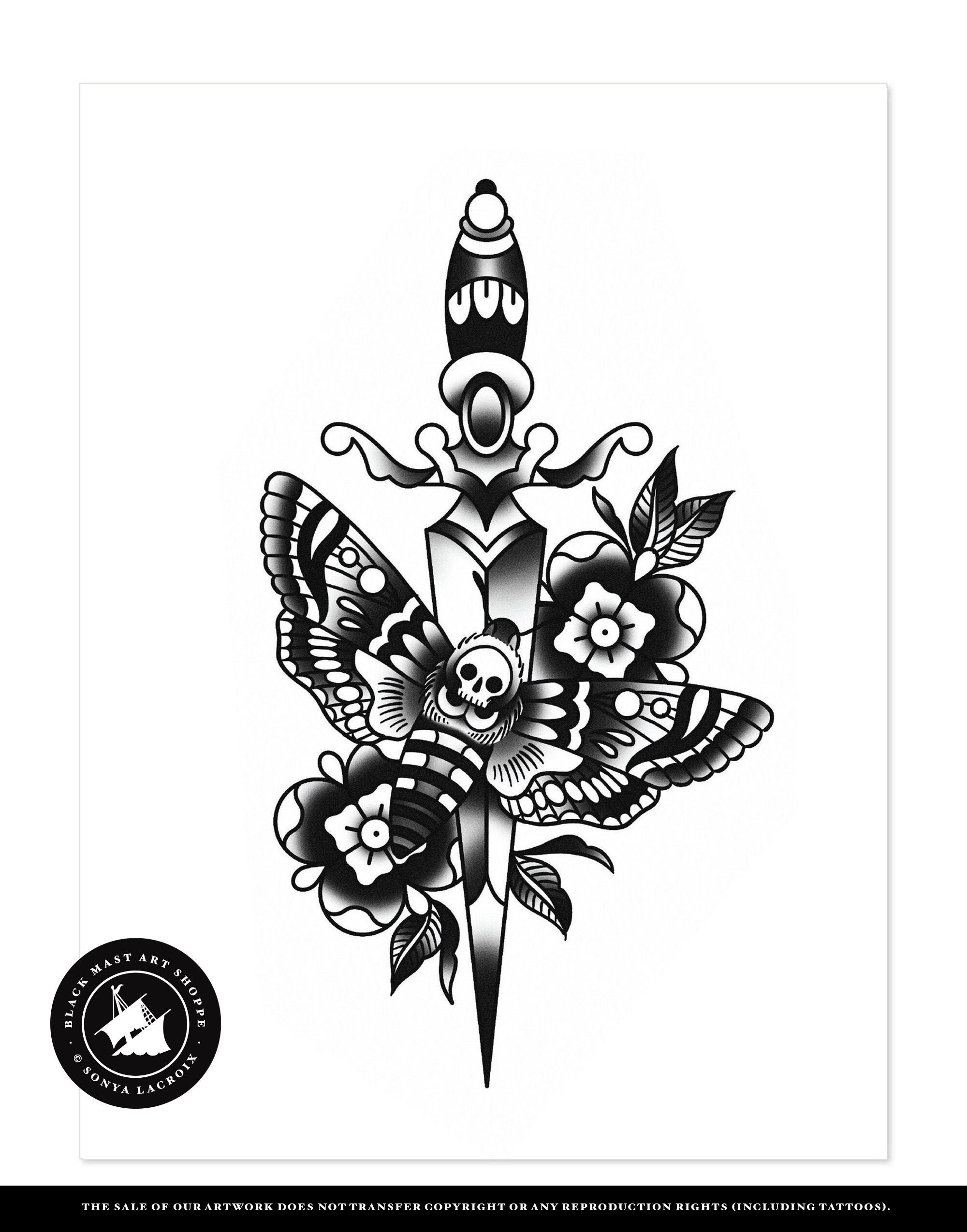 Moth Dagger Black and White Blackwork Traditional Tattoo - Etsy Sweden
