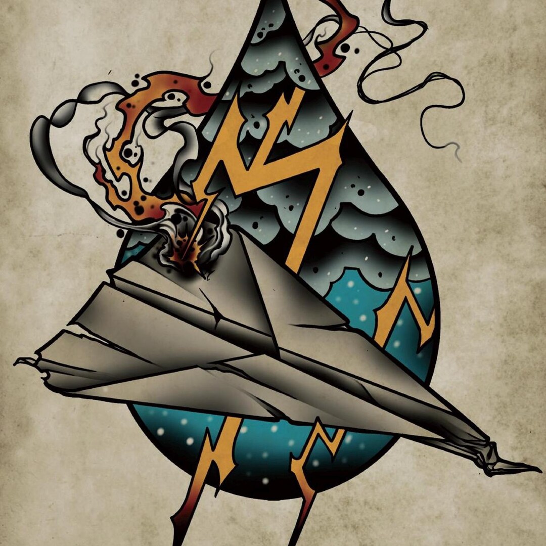 Crash N Burn, Paper Airplane, Lightening, Neo-traditional Tattoo