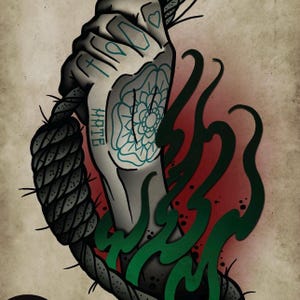 May include: A black and white tattoo design of a hand tied with a rope, with a green floral design on the hand and the word "MOTTE" written on the wrist. The hand is holding a playing card with a heart on it.