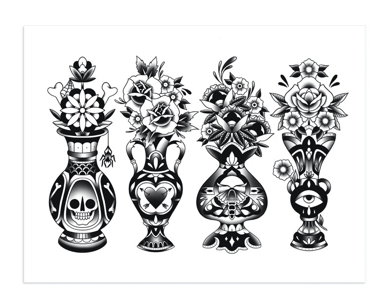 The Vases Roses Flowers Tattoo Traditional Flash Black Etsy