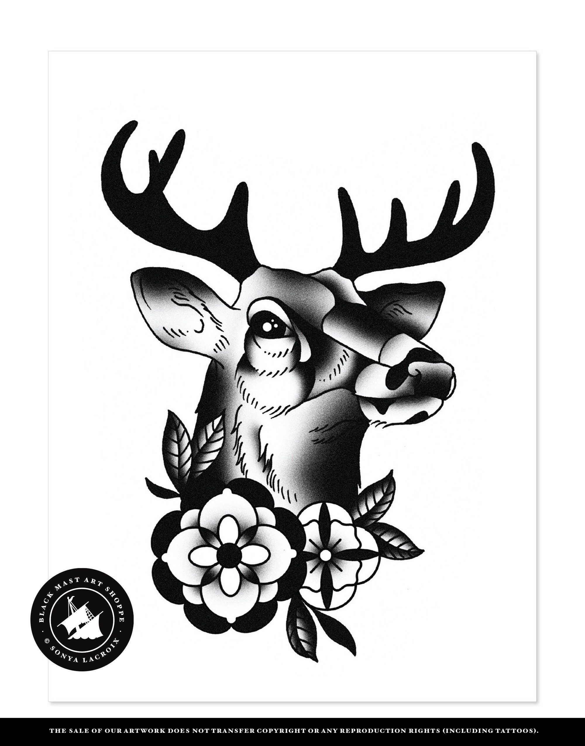Deer Portrait Traditional Tattoo Flash Blackwork Black and - Etsy Norway