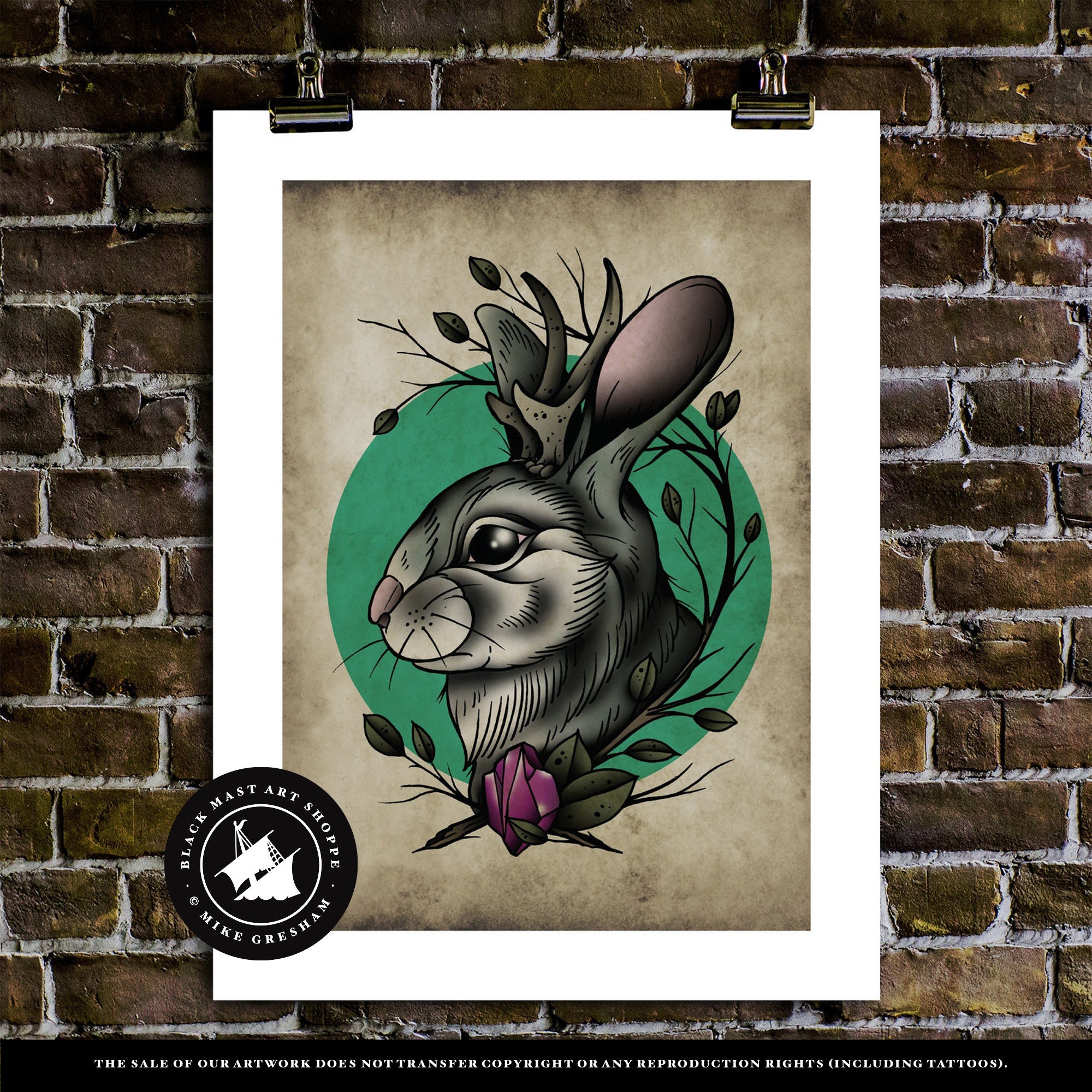 Jackalope, Neo-traditional Tattoo Flash, Old School, Art Print 12x16 - Etsy