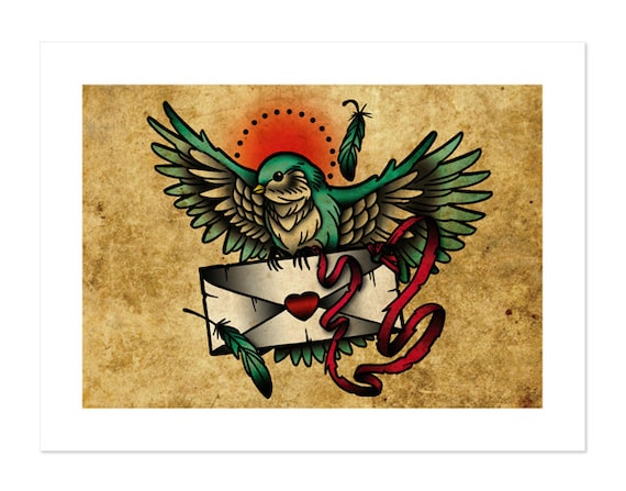 Oiseau Avec La Lettre Impression Dart Tatouage Traditionnel Neo Flash Old School 12 X 16