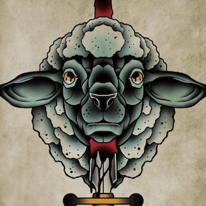 May include: A black and white sheep's head with a bloody sword through it. The sheep has a serious expression on its face.
