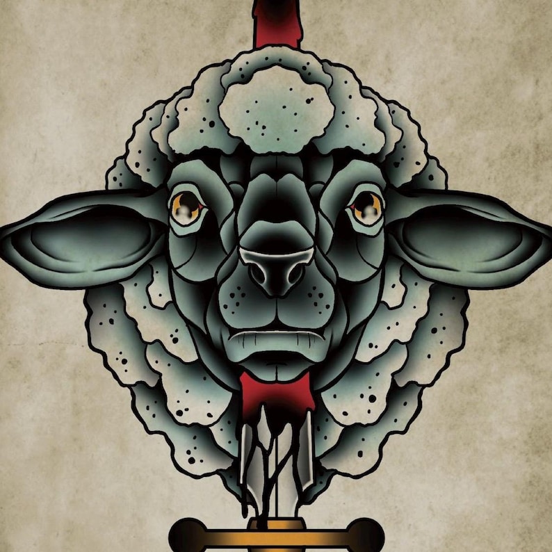 May include: A black and white sheep's head with a bloody sword through it. The sheep has a serious expression on its face.