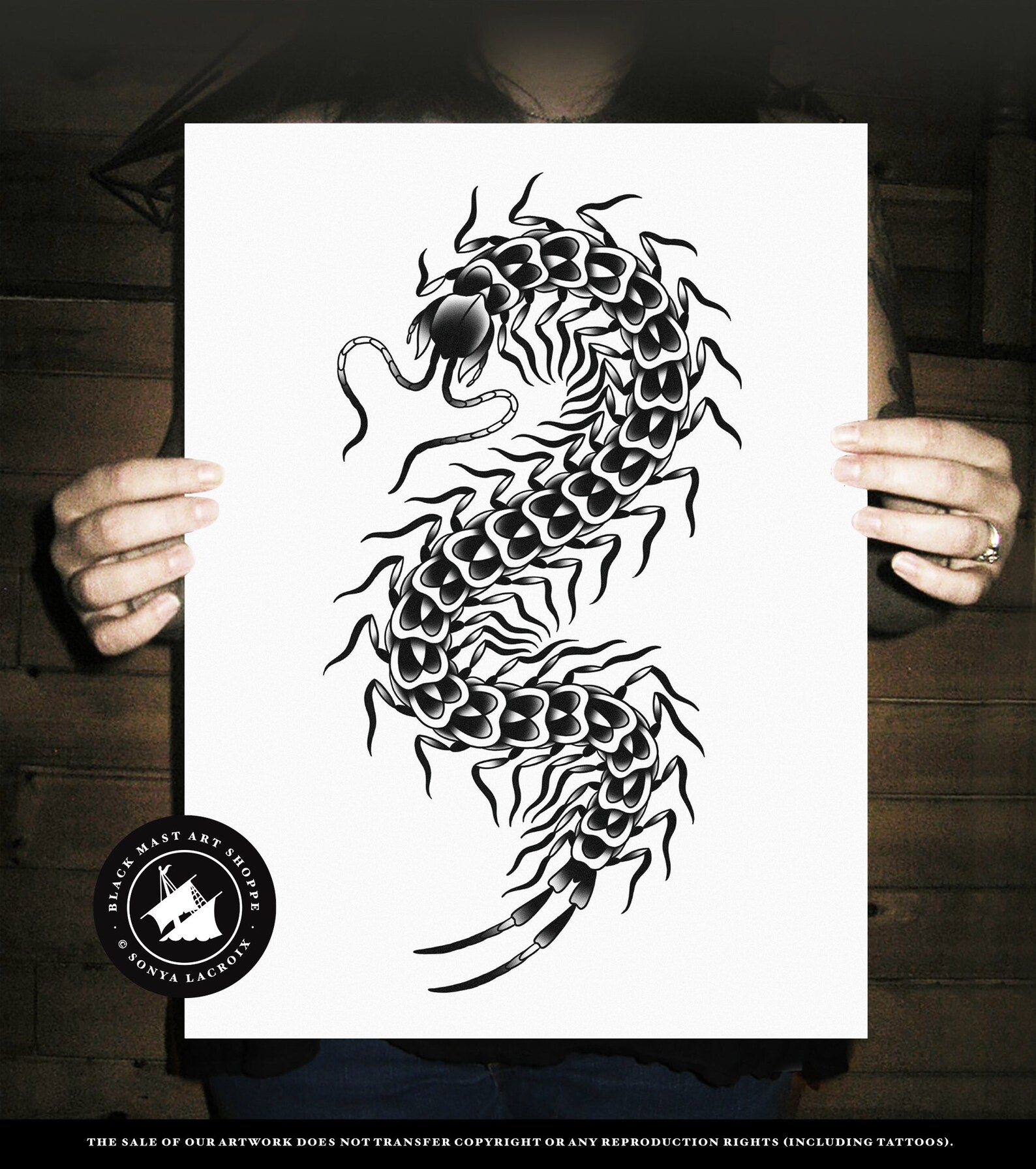 Centipede Traditional Tattoo Flash Black and White Old Etsy