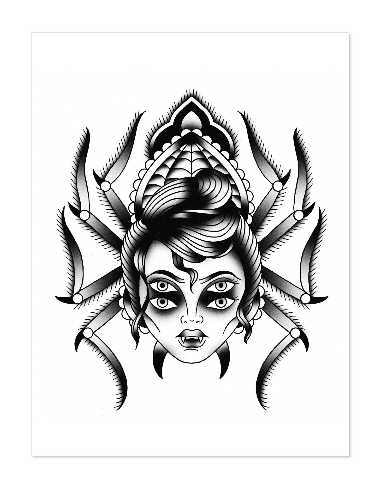 Spider Lady Head Black and White Traditional Tattoo Flash Etsy