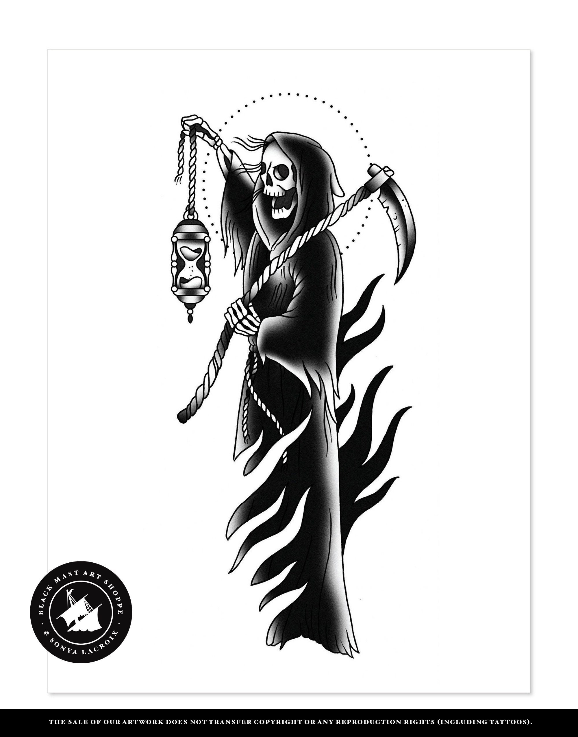 Old school traditional tattoo inspired cool graphic design illustration  reaper with scythe on old paper background Stock Photo  Alamy