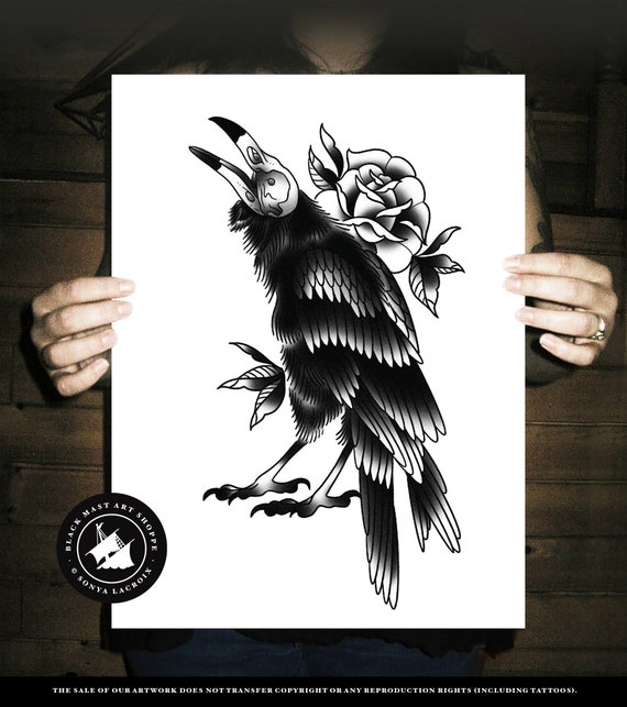 Death Raven Black and White Blackwork Traditional Tattoo - Etsy Canada