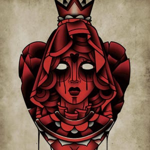 Hartenkoningin, pin-up, neotraditionele tattoo-flitser, old school, kunstafdruk 12 x 16