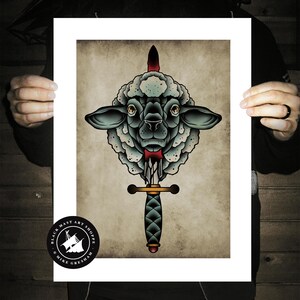 May include: A black and white traditional tattoo style illustration of a sheep's head pierced by a dagger. The sheep has a red bow tie. The background is a vintage parchment paper texture. The image includes the text "BLACK MAST ART SHOP" and "MIKE GRESHAM".