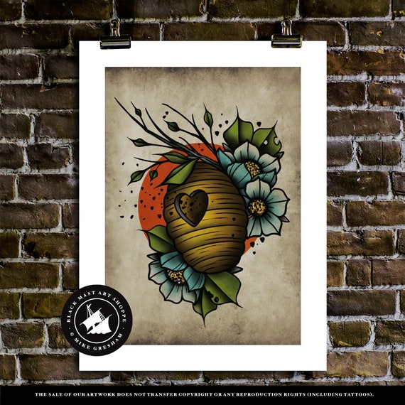 Bzzzz, Bee Hive, Flowers, Neo-traditional Tattoo Flash, Old