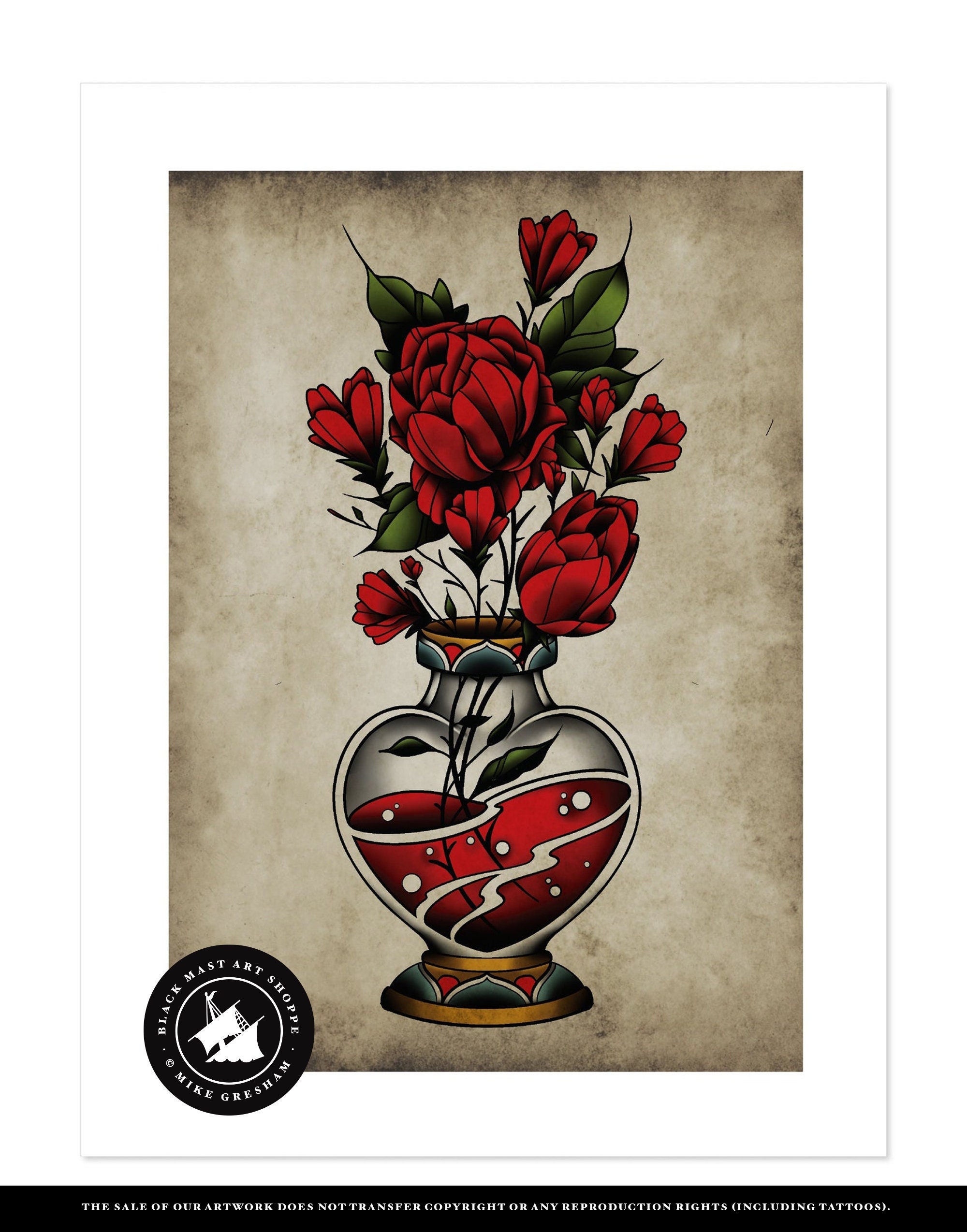 Vase, Roses, Neo-traditional Tattoo Flash, Old School, Art
