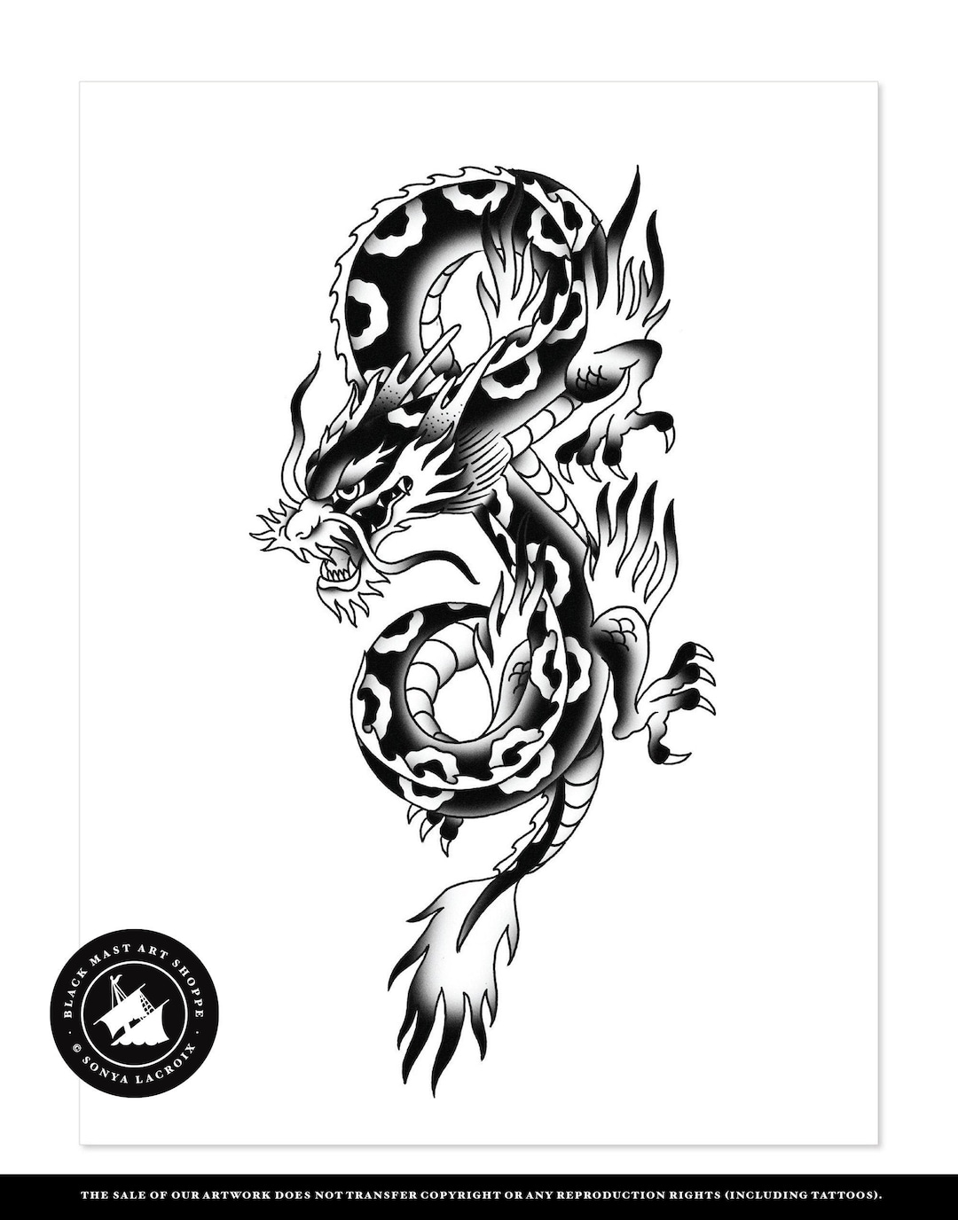 Dragon, Japanese, Traditional Tattoo Flash, Black and White, Old School