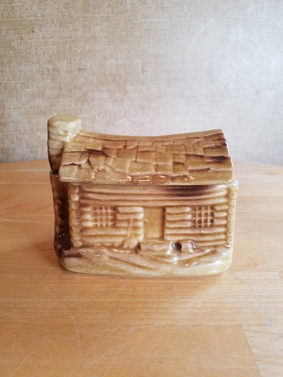 Vintage Ceramic Log Cabin Cookie Jar Lodge Eastland Texas Etsy