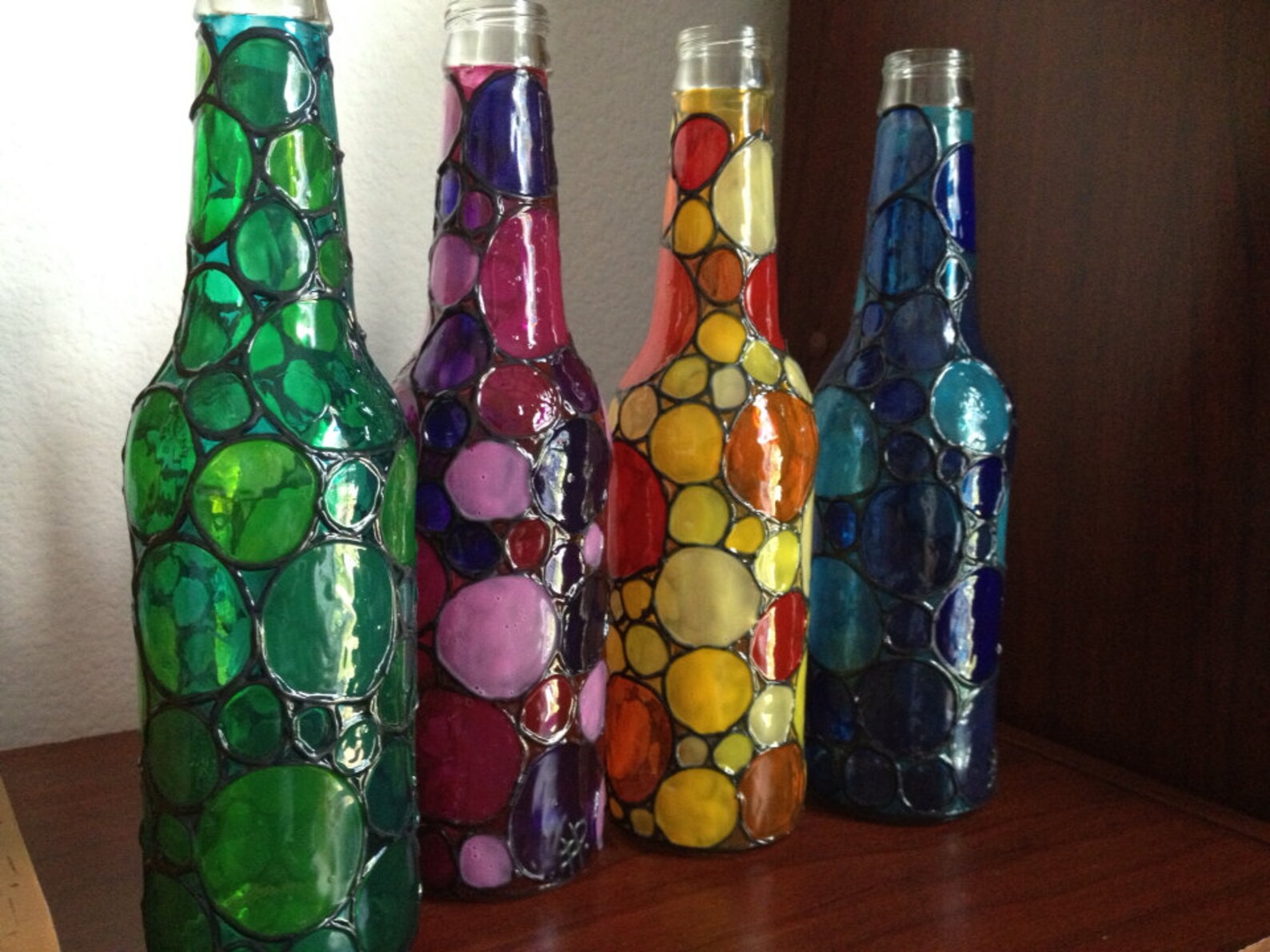 Four stained bubbly glass bottles painted Etsy
