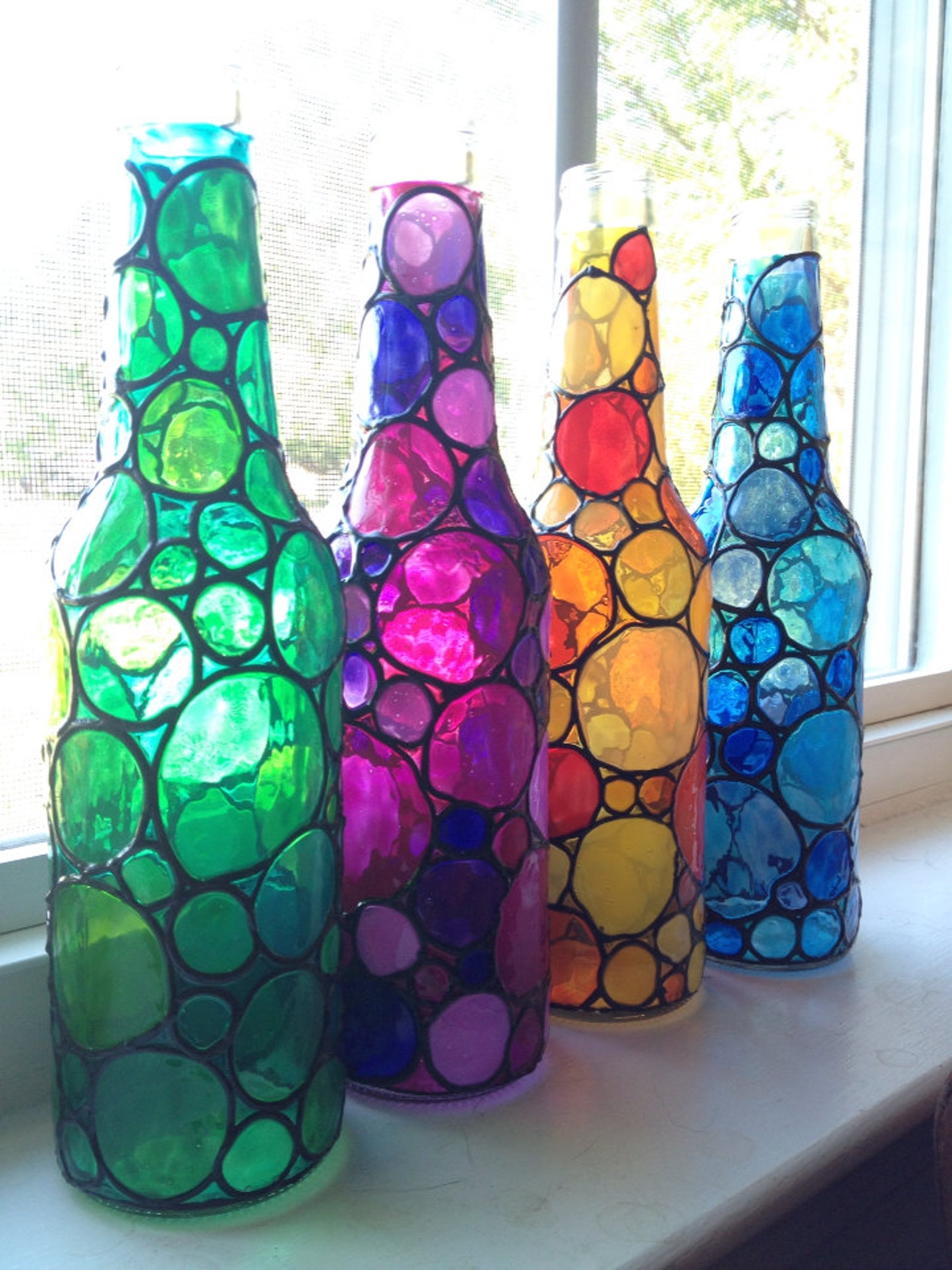 Four stained bubbly glass bottles painted Etsy