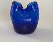 Vintage dark blue Blenko pinched Art glass bud vase