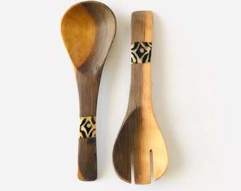 Vintage Wood Salad Servers Teal Wood Handles Hand Carved Teak Wood Salad Tossers Round Handled Wooden Utensils