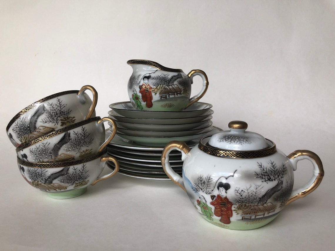 Antique tea set eggshell porcelain hand painted Asian Etsy