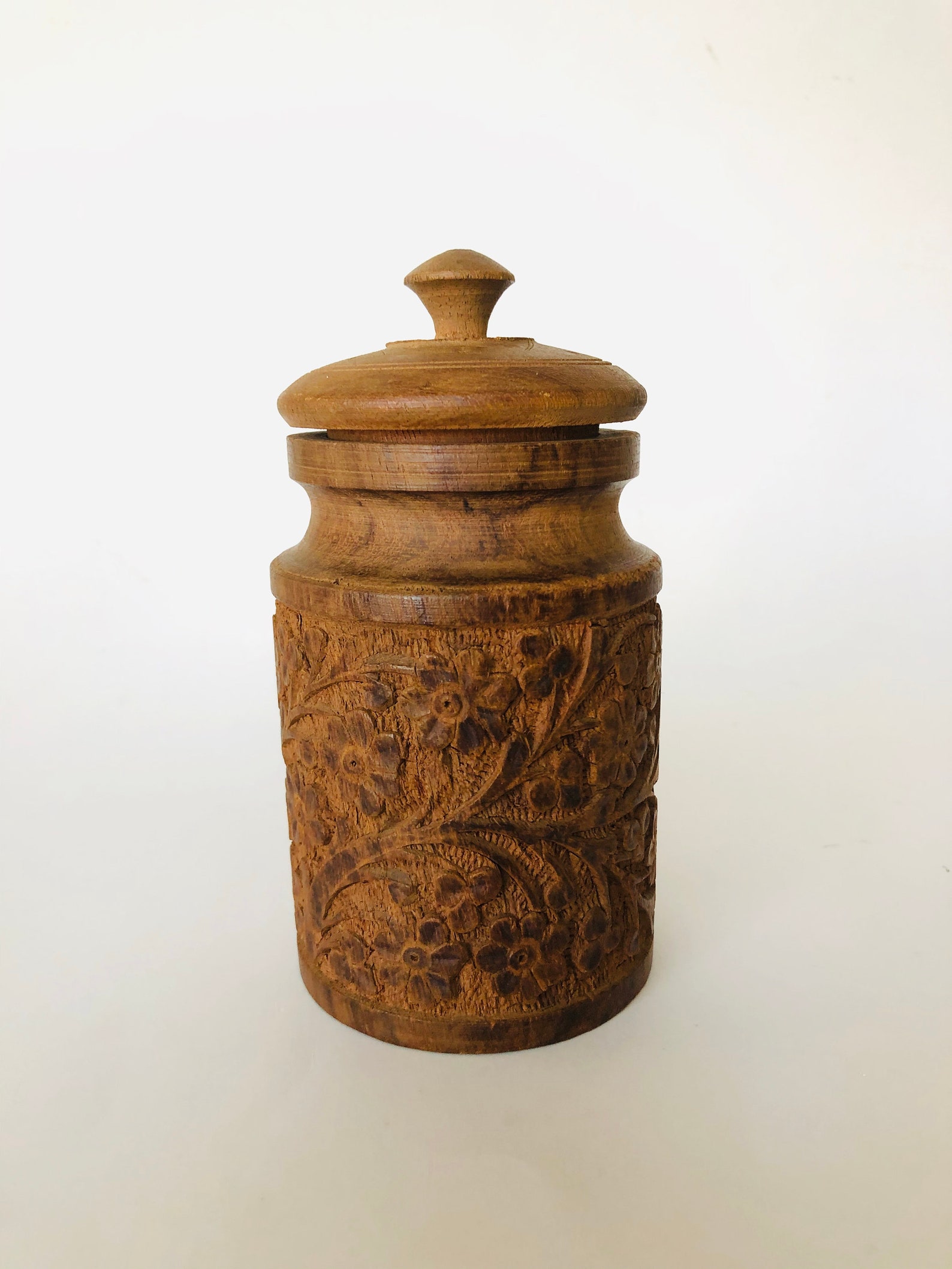 Vintage hand carved wood jar India spice jar Etsy