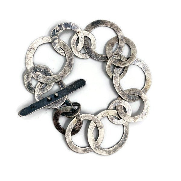 Sterling silver artisan washer link bracelet (B70)