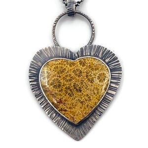 Sterling silver pendant with heart shaped Fossil Coral. OOAK