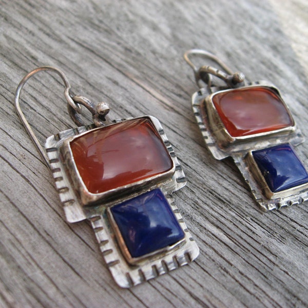 Sterling silver, carnelian and lapis lazuli artisan earrings