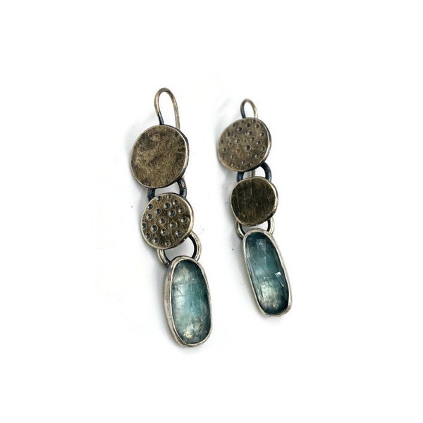 Sterling silver disc link earrings with pale blue Kyanite. OOAK