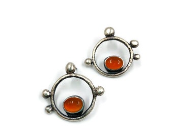 Sterling silver studded circle earring with Carnelian. OOAK
