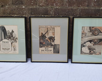 Large Set of 3 Dunlop Advertising Prints in Glazed Black Frames. 41 x 31 cm