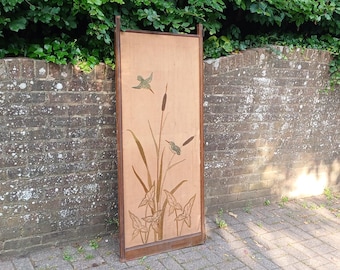 Vintage Hand-Stitched Embroidered Room Divider with Birds, Cattails & Leaves | 20th Century Folding Panel Decorative Screen