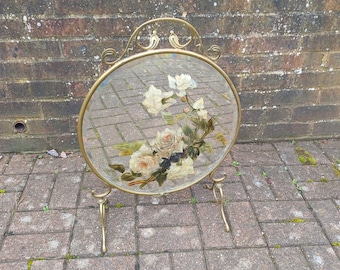 Stunning Vintage Victorian Round Brass and Oil Painted Mirror Fire Screen Guard.