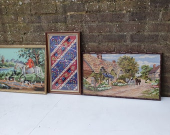 Three Vintage Tapestries Summer Cottage Fox Hunting Floral Cross Stitch Design British Artwork Framed Tapestry