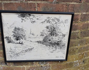 English Landscape Art Print Black & White Etching Countryside River Fishing Vintage Black Wood Frame