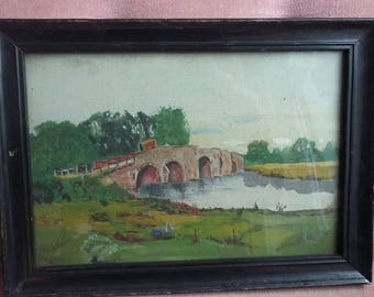 Vintage Mixed Media Painting Early 20th C Wagon and Bridge.