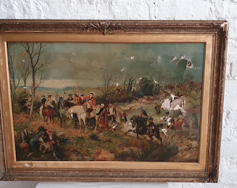 Huge But Damaged Late Victorian Print Field of Battle in Gilt Frame.