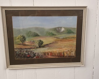 Large Retro Original Oil Pastel Painting Countryside Landscape in Glazed Wooden Frame