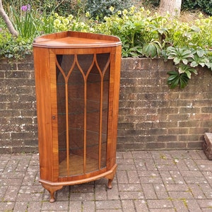 Large Quality Walnut Veneer Corner Cupboard. Glass Display. China Cabinet.