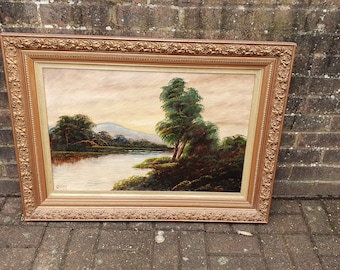 Huge Early 20th Century Gilt Gold Picture Frame Later Oil Painting Within. 79 x 46 cm Chunky Gilt Frame