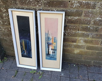Large Retro Vintage Pair of Original Pastel Pictures '66 - day and night, cityscapes