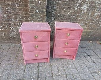 Pair of Vintage Pink Velvet 3 Drawer Bedside Tables, Retro Eccentric Nightstands Brass Handles, Hollywood Regency Bedroom Decor Glass Tops